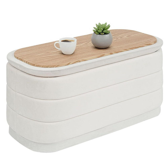 PINPLUS Ottoman with Stroage Square Velvet Ottoman and Tray Removable Foot Rest Coffee Table for Dorm, Living Room,White 30 inches