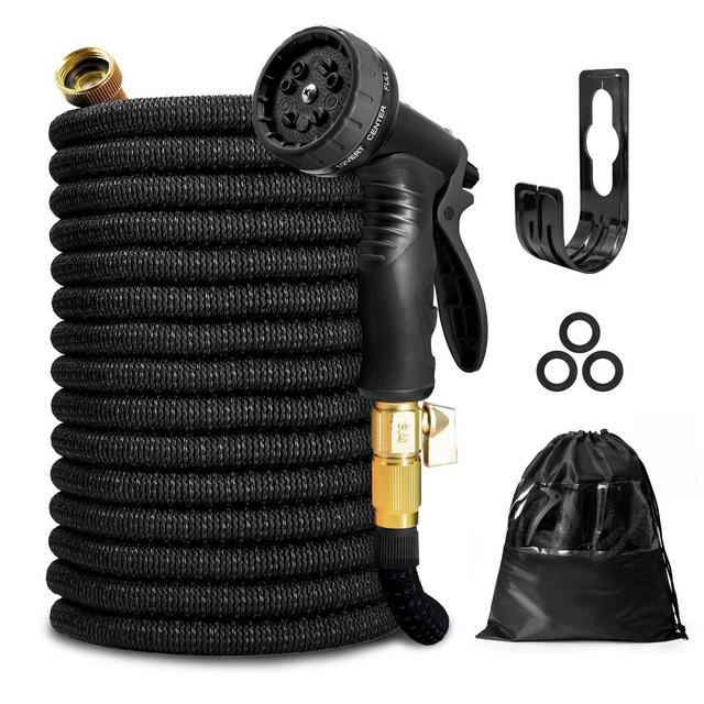 KOTTO Expandable Garden Water Hose, 10 Spray Nozzles, Anti-Rust Solid Brass Connector, Lightweight No-Kink Flexible - Black 75ft
