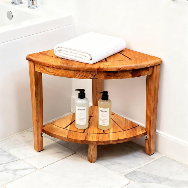 Dynamic-top Solid Wood Shower Stool 15.75" Corner Shower Bench with Storage Shelf for Inside Small Shower Spaces, Shower Foot Rest for Shaving Legs, American Red Oak Wood Bath Bench