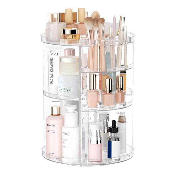 Rotating Makeup Organizer, DIY 8 Adjustable Layers Spinning Skincare Organizer, Cosmetic Display Case with Brush Holder Perfume Tray, Multi-Function Storage Carousel for Vanity Bathroom Countertop