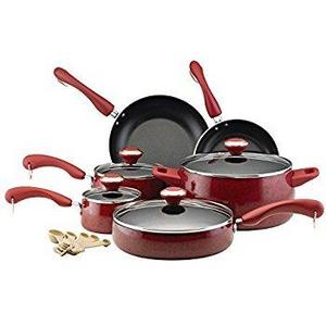 Rachael Ray Cucina Hard-Anodized Aluminum Nonstick Cookware Set, 12-Piece, Gray, Cranberry Red Handles
