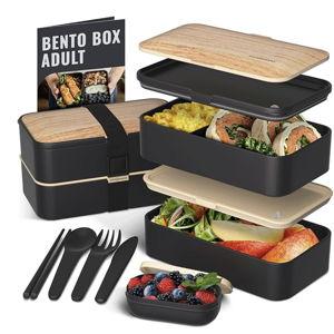 Bentoheaven Premium Bento Box Adult Lunch Box with Compartments for Women & Men, Set of Utensil & Chopsticks & Dip Container, Cute Japanese Kids Bento Lunch Box, Microwavable (Symph Onyx)