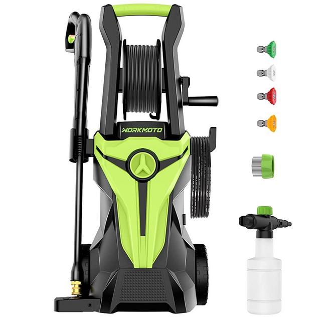Workmoto Electric Pressure Washer with Hose Reel, Power Washer with Foam Cannon, 4 Quick Connect Nozzles, 3800 PSI 2.4 GPM