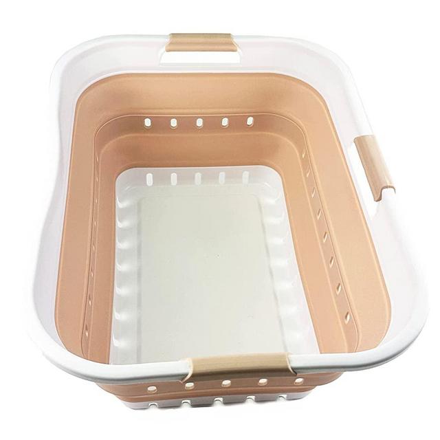 SAMMART 42L (11 gallon) Collapsible Plastic Laundry Basket - Foldable Pop Up Storage Container/Organizer - Portable Washing Tub - Space Saving Hamper/Basket (White/Beige)