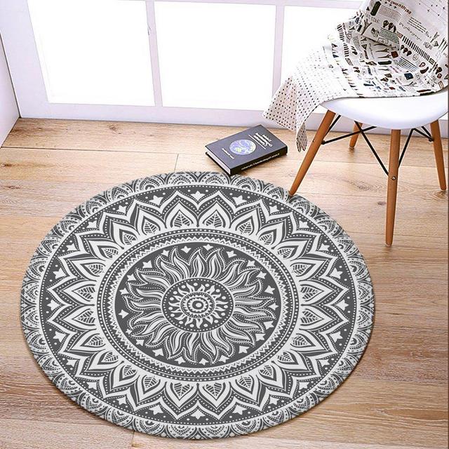 LEEVAN Modern Flannel Microfiber Non-Slip Machine Washable Round Area Rug Living Room Bedroom Study Soft Carpet Floor Mat Home Decor 3-Feet Diameter - Grey Mandala