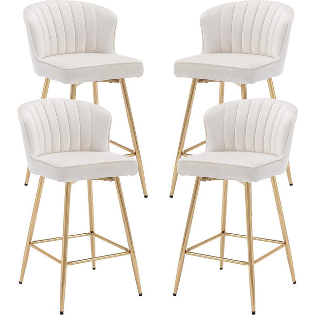 Shunzhi Beige Velvet Counter Height Bar Stools Set of 4 Modern Upholstered Barstools Comfy Island Bar Chairs with Metal Legs/Shell Back for Kitchen Counter/Pub, 26''