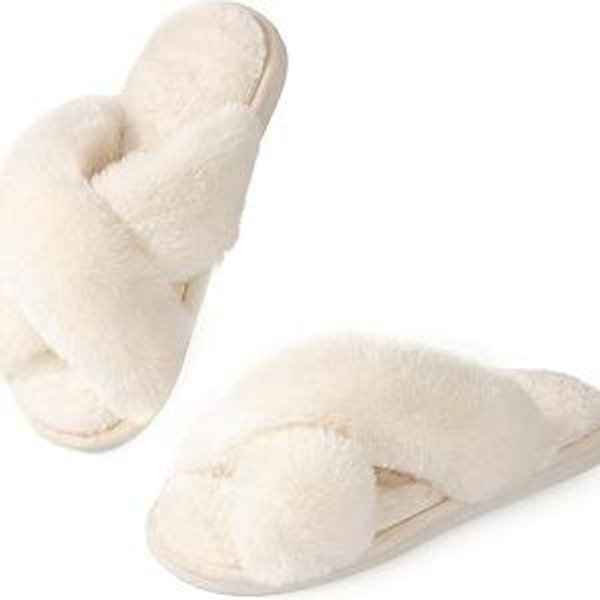 White Fuzzy Slippers Memory Foam House Slippers