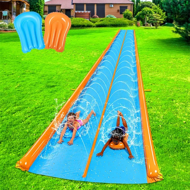 Joyfy 25ft x 6ft Double Lane Water Slides, Yard Outdoor Water Slip with 2 Inflatable Bodyboards and Sprinkler, Lawn Slide for Kids Adults Summer Fun