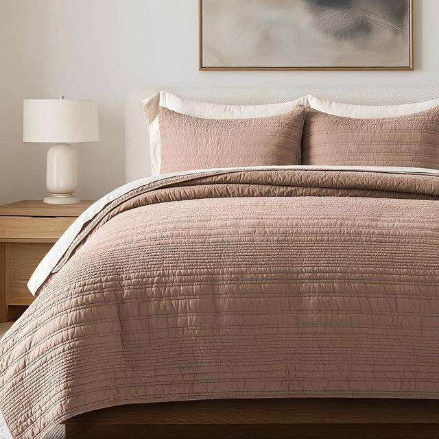 EVERGRACEHOME 100% Cotton Modern Lines Quilt Set King Size, Pre-Washed Soft Striped Coverlet Bedspread, 3 Piece Lightweight Bedding Set for All Season, with 2 Pillow Shams, Rose Dust