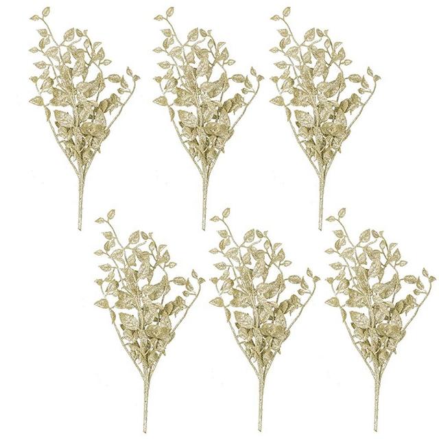 Valery Madelyn 6 Pcs Gold Leaves Stems for Christmas Tree, Gold Glitter Christmas Picks with Artificial Branches for Christmas Wreath Garland Flower Vase Filler Decorations and Home Decor, 12inch