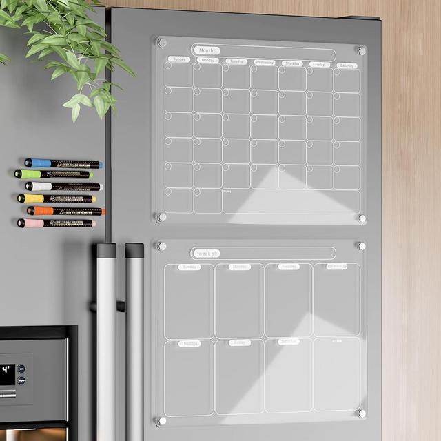 Mag-Fancy Acrylic Magnetic Calendar for Fridge, Set of 2 White Clear Dry Erase Calendar Reusable Planner Board Monthly & Weekly, with 6 Light Colored Wet Erasable Markers 16" x 12" inches