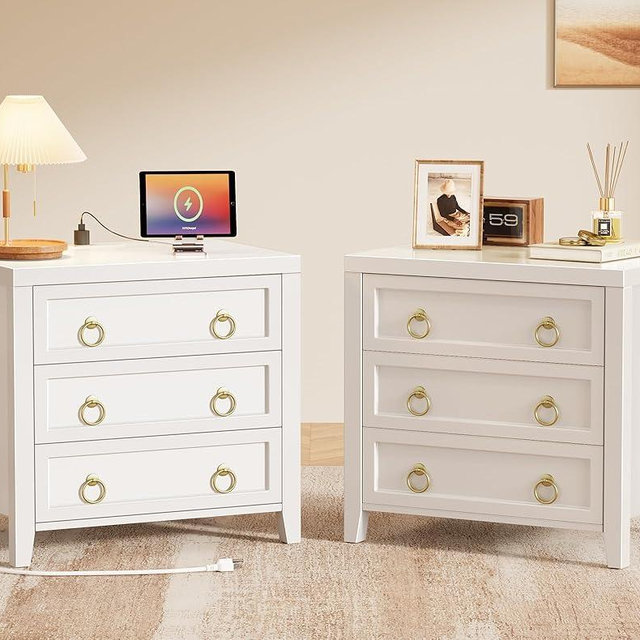 Huuger Paint Night Stand with Charger Station and USB-C Port, 3 Drawer Nightstands Set of 2, Larger Wider Bedside Table, Modern End Table, for Bedroom, White Nightstand