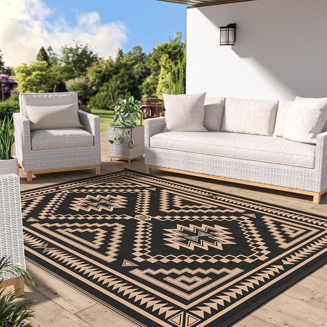 GENIMO Outdoor Rug for Patio Clearance - 8x10 ft Waterproof Plastic Camping Rugs, Reversible Outside Rv Mat Carpet for Porch, Deck, Picnic, Balcony, Beach, Backyard, Black Brown