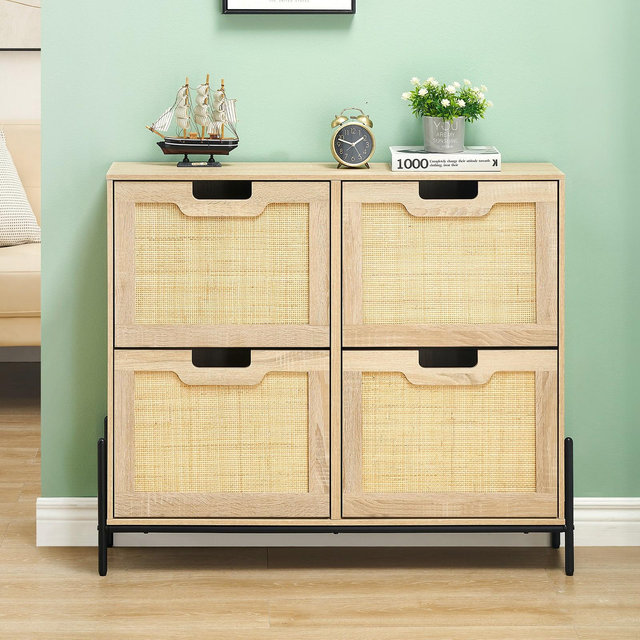 Natural Rattan 4 Flip Door Shoe Cabinet with 3-Tier Adjustable Shelves, Organizer Freestanding, Shoe Rack Storage Cabinet for Entryway, Oak
