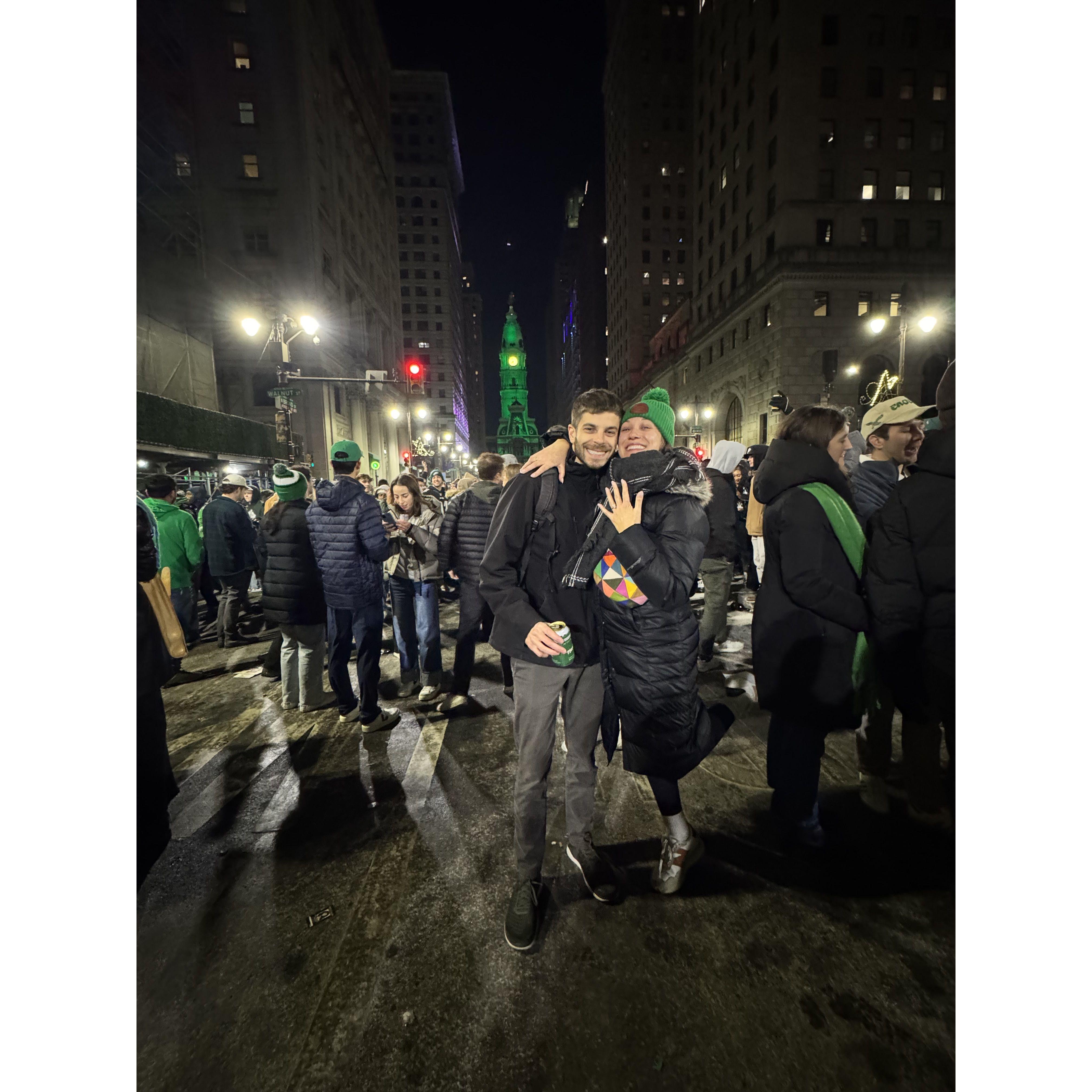 Celebrating an Eagles NFC championship win soon after we got engaged!