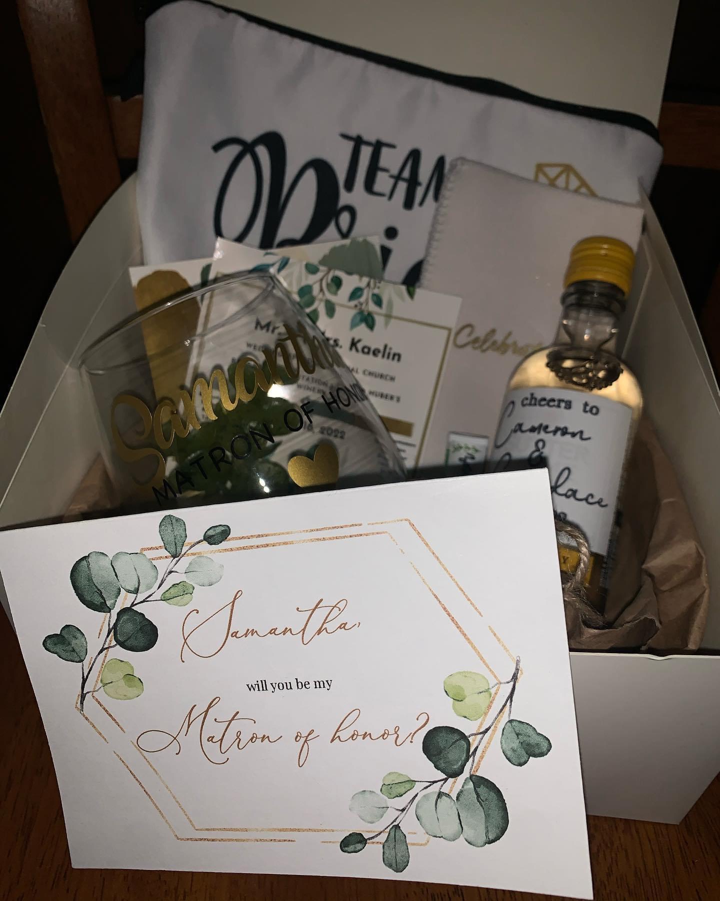 The inside of my bridesmaid proposal box for my matron of honor, Samantha!