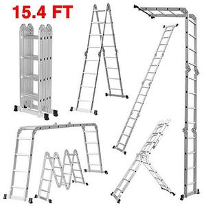 Finether 15.4ft Heavy Duty Multi Purpose Aluminum Folding Extension Ladder with Safety Locking Hinges and 2 Panels 330lb Capacity (New Non-slip Mat and Wheels for Free)