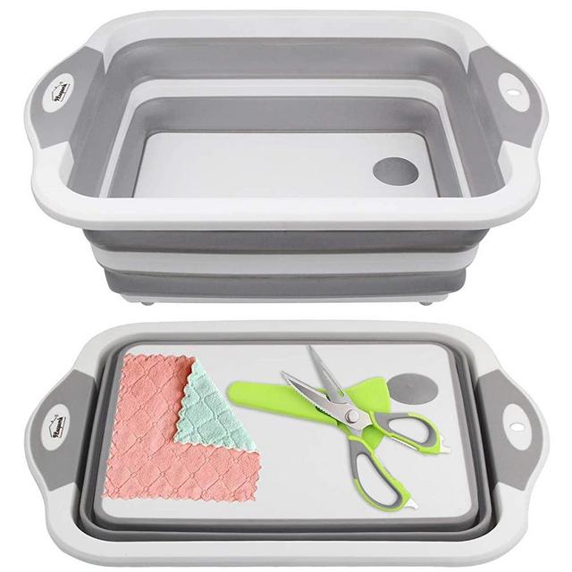 Collapsible Cutting Board Muti-function Chopping Board Kitchen Washing Basket Drain Vegetable Sink Basket for BBQ Prep, Picnic, Camping, RV Travel, Beach, Garden FLSEPAMB（Grey+Scissors）