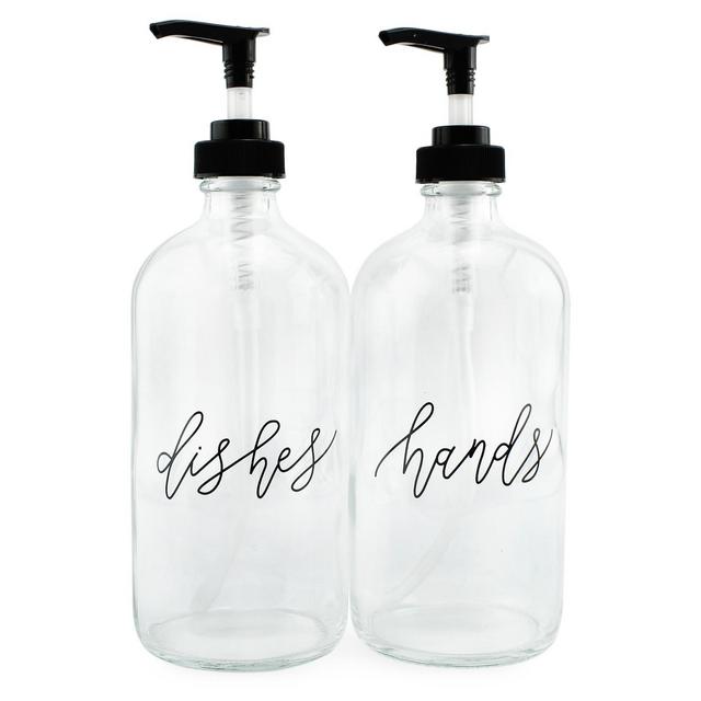 Cornucopia Brands- 16oz Hands & Dishes Glass Pump Soap Dispenser Bottles, Clear Set of 2