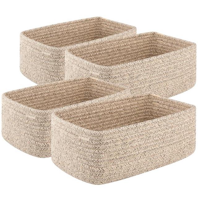OIASKET 4 Pack Small Storage Shelf Baskets for Organizing, Mini Woven Rope Storage Bins for Towels, Cute Decorative Closet Organizer，Baby Nursery, Gift Empty Baskets -11.81''Lx7.87''Wx4.72''H'-Brown