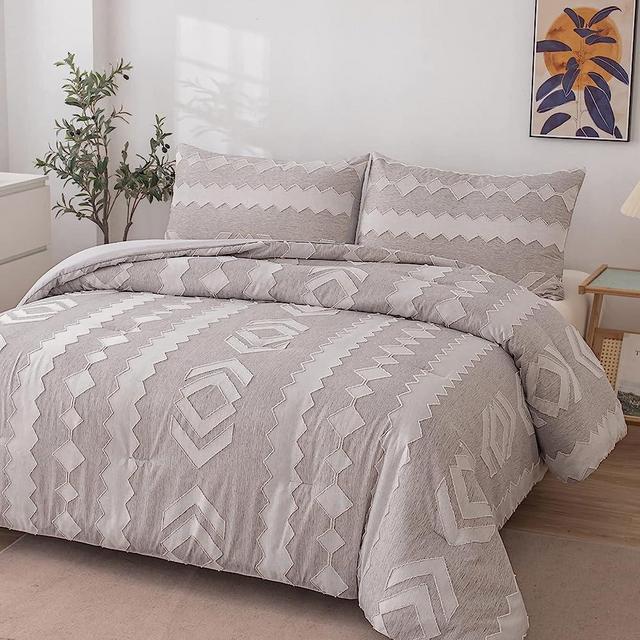 MWMWMW Boho Comforter Set Queen - Grey Shabby Chic Bedding Set, Soft Lightweight Geometric Bedding for All Seasons, 3 Pieces Farmhouse Modern Bedding for Women Men Girls
