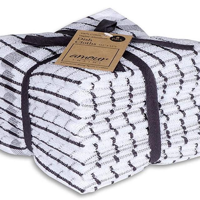 AMOUR INFINI Grid Terry Dish Cloth | Set of 8 | 12 x 12 Inches | Low Lint, Super Soft and Absorbent |100% Cotton Dish Rags | Perfect for Household and Commercial Uses | Charcoal