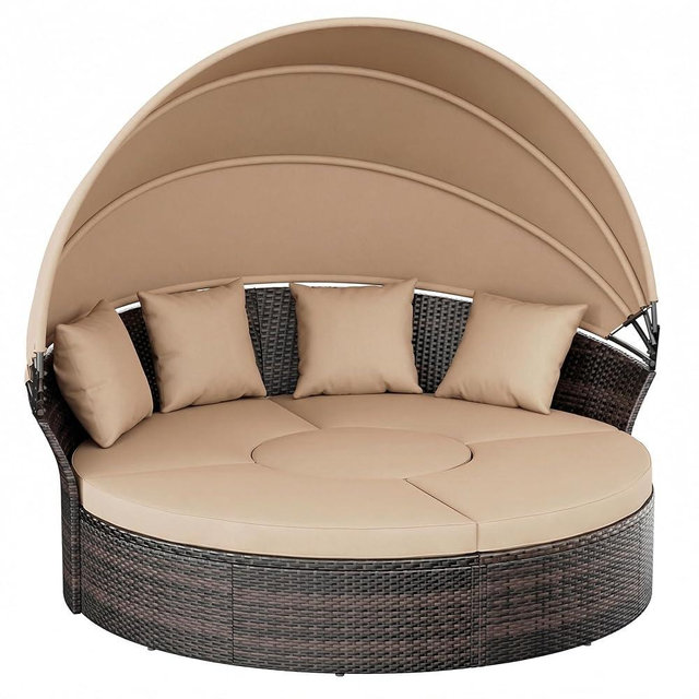 Oakmont Outdoor Patio Daybed with Retractable Canopy, Wicker Rattan Sectional Round Sofa Furniture Set, 5 Pieces Seating Separates Cushioned Seats for Lawn Garden Backyard Porch Pool, Brown