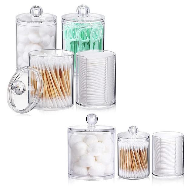 AOZITA Qtip Holder Dispenser for Cotton Ball, Cotton Swab, Cotton Round Pads, Floss - 7 Pcs Clear Plastic Apothecary Jar for Bathroom Canister Storage Organization, Vanity Makeup Organizer