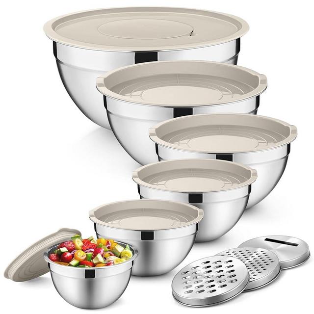 Stainless Steel Mixing Bowl Set of 6, P&P CHEF Nesting Mixing Bowls and Khaki Lids & 3 Graters for Salad Preparation, 6 Sizes - 4.6, 2.6, 2, 1.5, 1, 0.7 QT