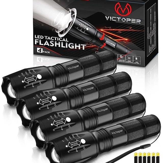 Victoper LED Flashlight 4 Pack, Bright 2000 Lumens Tactical Flashlights High Lumens with 5 Modes, Waterproof Focus Zoomable Flash Light, Portable Flashlight for Camping Hiking Outdoor Home Emergency