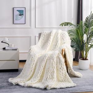 L'AGRATY Chunky Knit Blanket Throw (Cream White): Soft Chenille Yarn Throw Blanket 50x60 - Handmade Thick Cable Crochet Blanket - Large Chunky Rope Throw Blanket for Couch Sofa Bed Home Decor