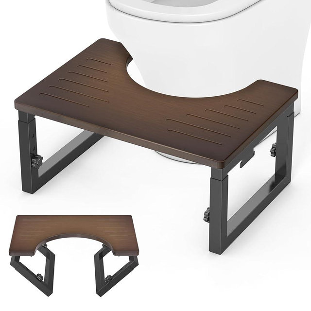 Bamboo Toilet Stool Squat, 7in 8 in & 9in Adjustable Heights, Foldable Poop Stool for Bathroom Adults Kids, Squat Stool Potty with Non-Slip, Sturdy Pooping Step Stool, Brown