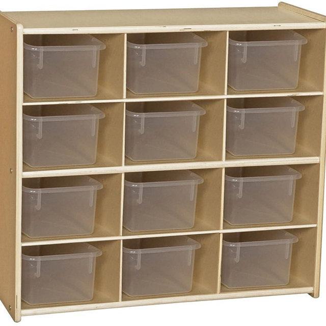 Contender 12 Compartment Storage Unit with Translucent Bins for Kids, Hardwood Cubby Organizer for Classroom, Cube Locker Shelf for Organizing Toys, Art Supplies