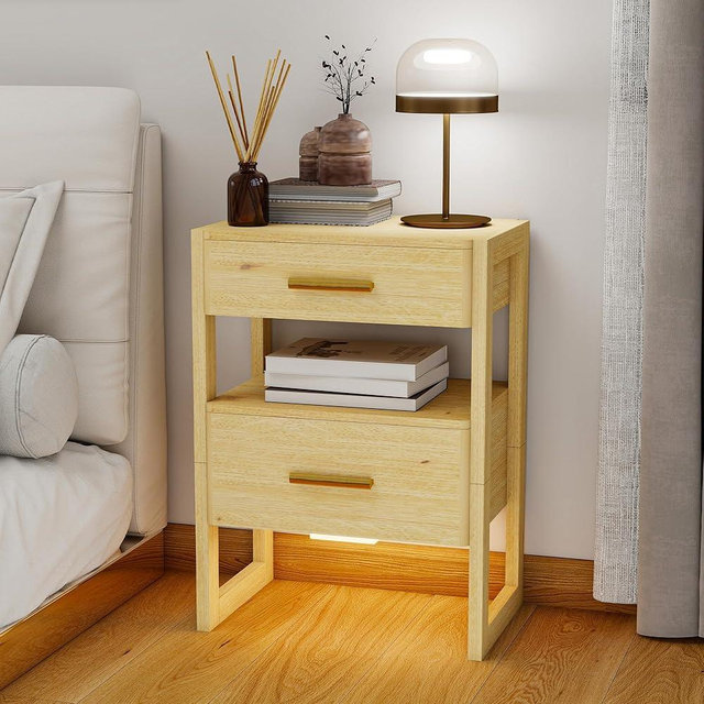 Edospaen Solid Wood Nightstand Night Stand with Motion Sensor Night Light & Storage Drawer, Wooden Bedside Table End Table Sofa Side Table