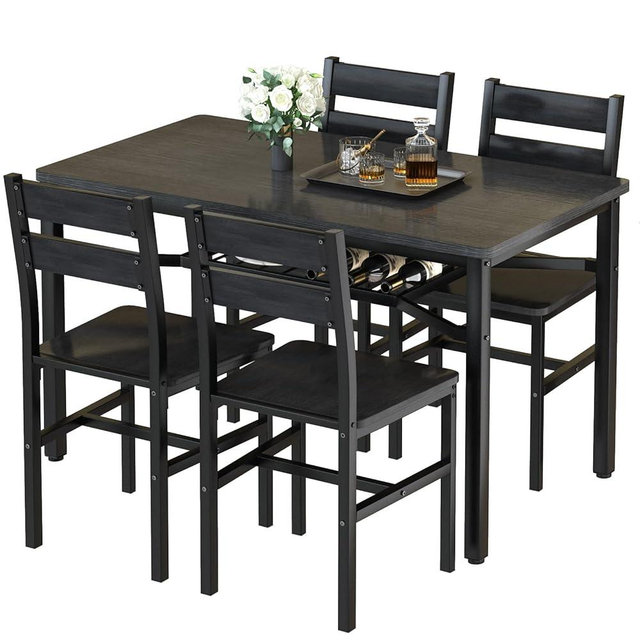 Hooseng Dining Table Set for 4, Wood Kitchen Table Chairs Set with Storage, Farmhouse 5 Piece Dining Room Table Set, Space-Saving Dinette Set for Breakfast Nook, Apartment (Black)