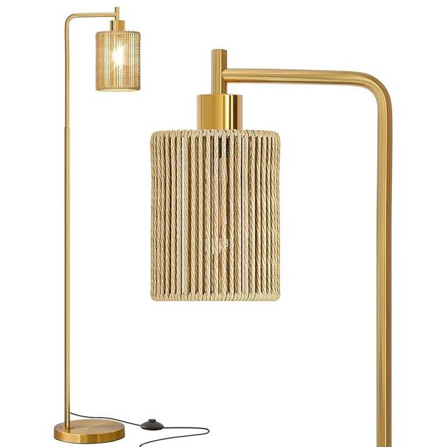 Oneach 66" Gold Floor Lamp for Living Room, Boho Floor Lamp with LED Bulb, Foot Switch, Rattan Shade, Industrial Tall Farmhouse Standing Lamp for Bedroom, Dining Room, Study Room, Office