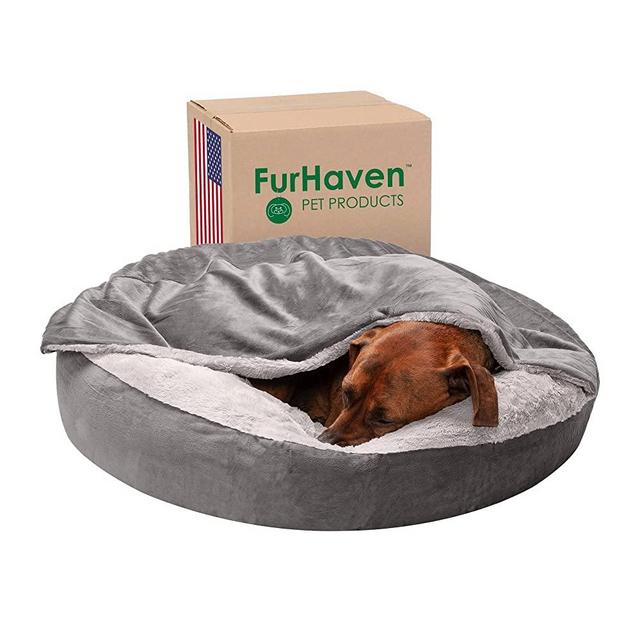 Furhaven Pet Bed for Dogs and Cats - Plush Velvet Waves Round Deep Dish Cushion Donut Dog Bed with Attached Blanket, Dark Gray, Medium
