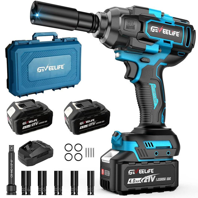 GEVEELIFE 1200N.m (900Ft-lbs) Brushless Impact Wrench, 1/2" Cordless Impact Driver with 2x 4.0Ah Battery, Fast Charger & 5 Sockets, High Torque, Electric Impact Gun for Car/Truck/RV/Mower