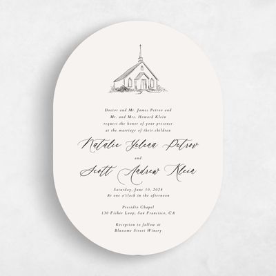 Beige Oval Wedding Invitation - Chapel Portrait