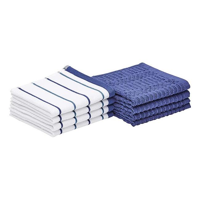 Amazon Basics 100% Cotton Kitchen Dish Cloths, 12 x 12-Inch, Absorbent Durable Ringspun Cloth - 8-Pack, Navy Stripe