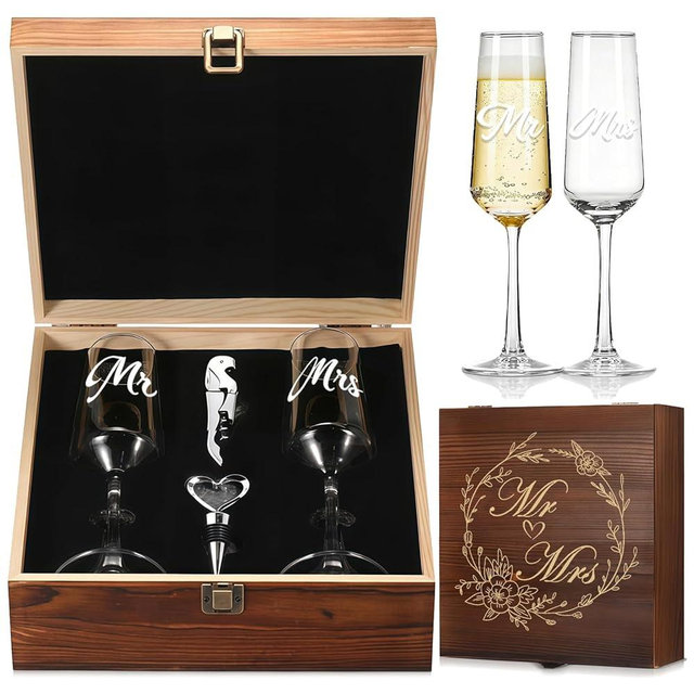 MEPIG Mr and Mrs Wedding Champagne Flutes Set Newlyweds Wedding Gift Bridal Shower Champagne Glasses Wine Opener Wine Stopper with Wooden Box Engagement Anniversary Valentine's Day Gift for Couples