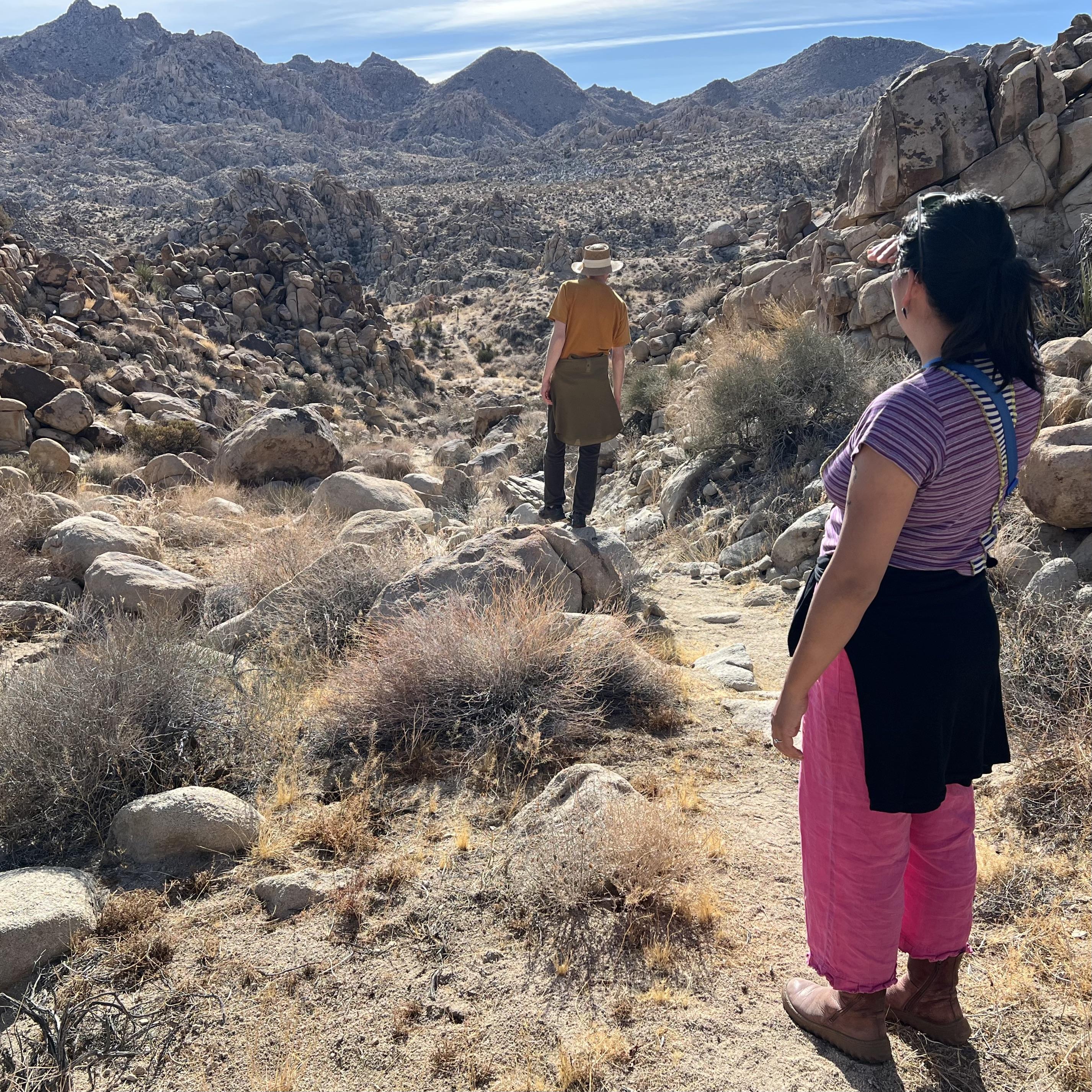 Hiking in Joshua Tree National Park on a visit in January 2025 (when we visited and picked our wedding venues!)