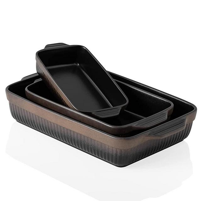 Kanwone Ceramic Baking Dishes, Rectangular Lasagna Pans, Casserole Dishes, Bakeware Set for Cooking, Kitchen, Cake Dinner, 9 x 13 Inches, Stripe Series - Reactive Glazed (Matte Black)