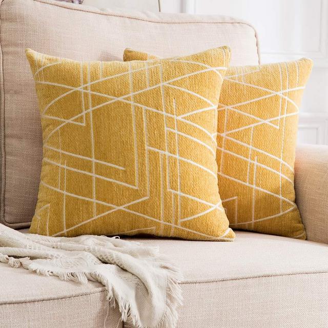 MIULEE Pack of 2 Decorative Throw Pillow Covers Woven Textured Chenille Cozy Modern Concise Soft Yellow Square Cushion Shams for Bedroom Sofa Car 18 x 18 Inch