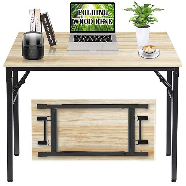 Folding Desk, 39 “ Writing Desk for Home Office, Folding Desks for Small Spaces, Foldable Table with Stainless Steel Frame, Non-Slip, Waterproof, Scratch Resistant, Easy to Storage, Natural & Black