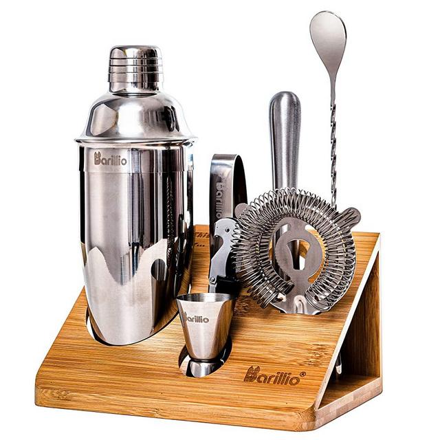 Elite Mixology Bartender Kit Cocktail Shaker Set by Barillio: Drink Mixer Set with Bar Tools, Sleek Bamboo Stand, Velvet Carry Bag & Recipes Booklet Small Bartender Kit Silver…