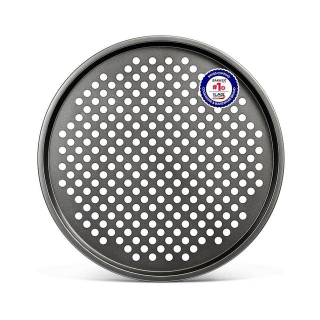 Bakken- Swiss Non-Stick Pizza Pan with Holes - 13-Inch Perforated Pizza Crisper Carbon Steel Pizza Pan - 1 Round Pizza Trays with Silicone Handles PFOA PFOS and PTFE Free