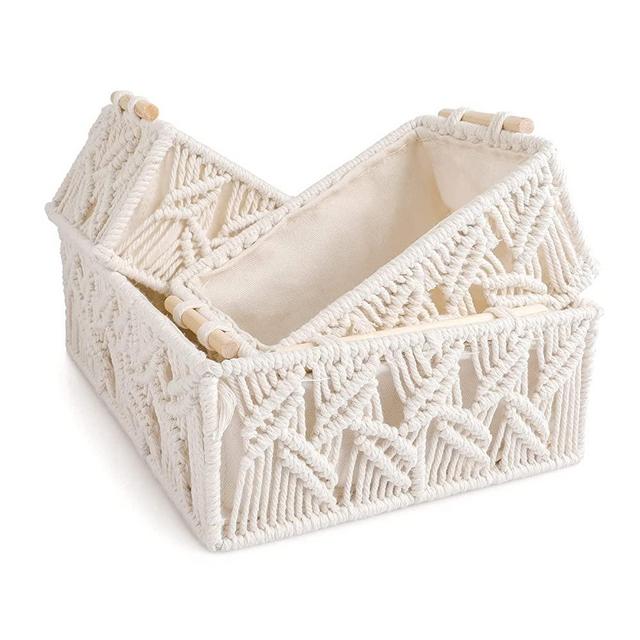 ANMINY Macrame Storage Baskets Set 3PCS Handmade Cotton Woven Decorative Boho Desk Storage Bins Boxes with Wood Handles Nursery Baby Kid Towel Paper Large Small Shelf Organizer Container Ivory Color