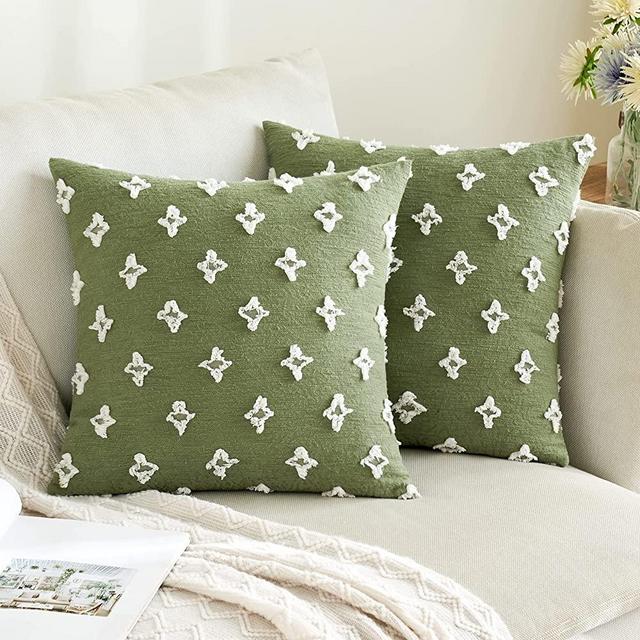 ANRODUO Pack of 2 Throw Pillow Covers Decorative Tufted Rhombic Jacquard Pillowcase Soft Solid Decoration Cushion Case for Couch Sofa Bed Chair Living Room 18x18 Inch Bean Green