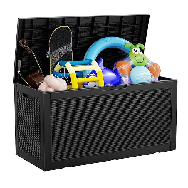 MAIUSCOLI 100 Gallon Outdoor Storage Box - Resin Deck Box for Waterproof Patio Furniture and Storage Bench - Lockable and UV-resistant for Pool and Outdoor Use (BLACK)
